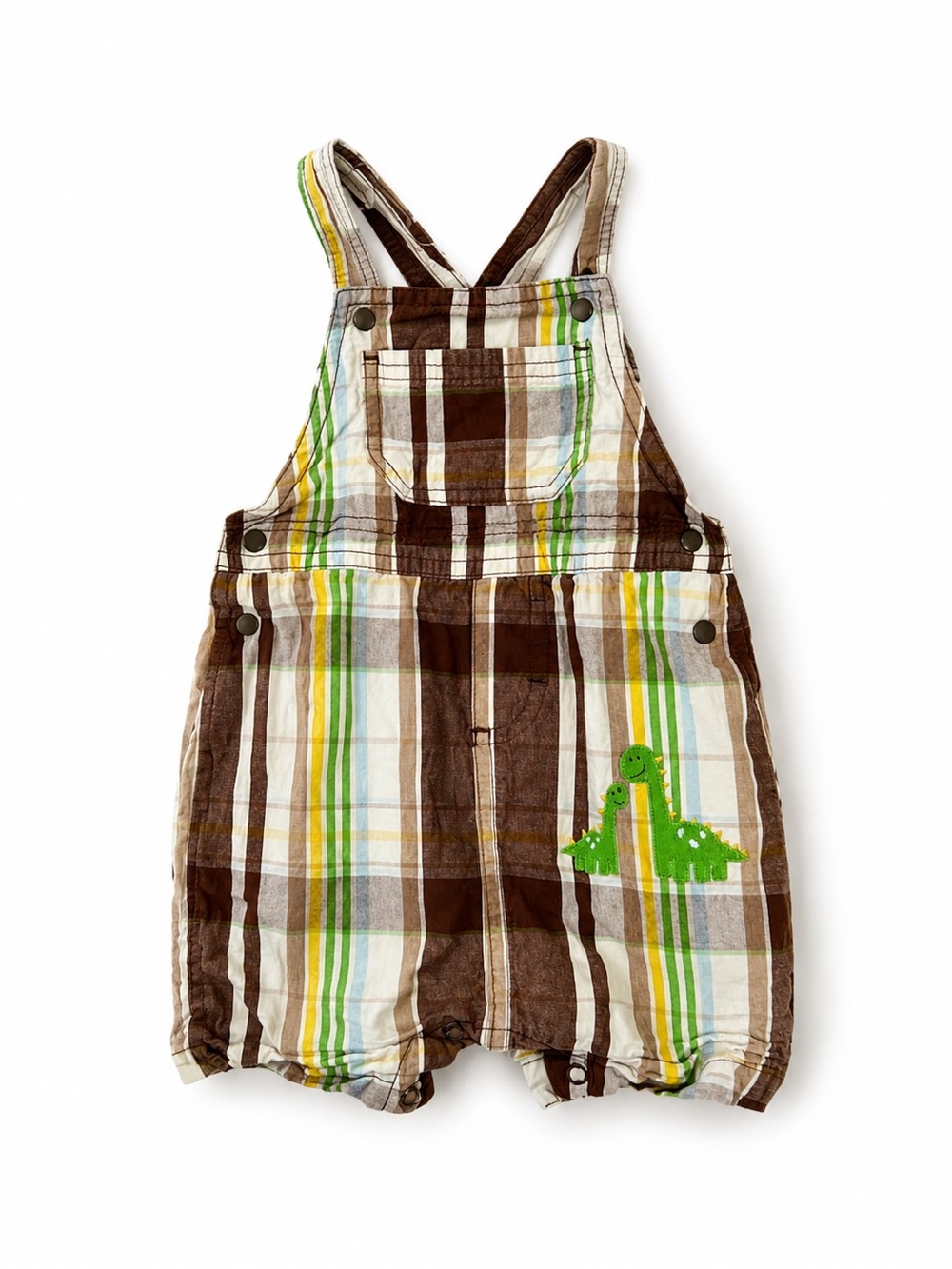 Vintage Plaid Dinosaur Shortall Romper Baby 12M Brown Green